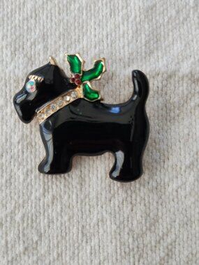 Vintage dog with rhinestone and mistletoe collar brooch
